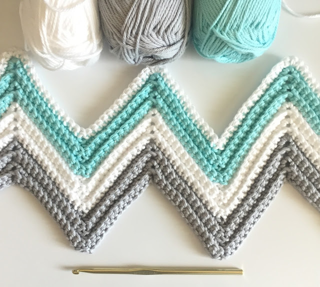 Single Crochet Chevron Blanket in Mint, Gray, and White