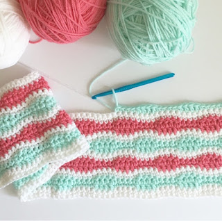 crochet teal and pink blanket work in progress