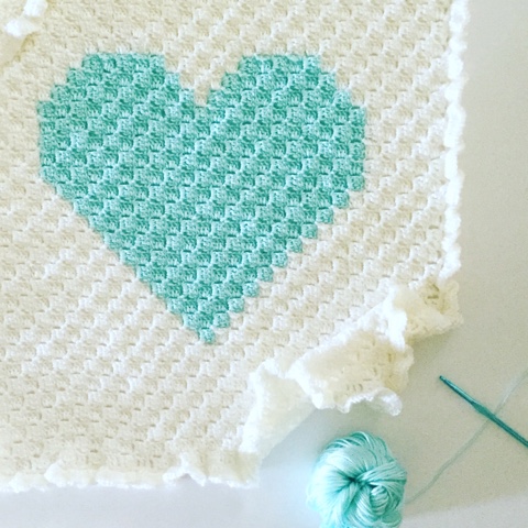 Corner to Corner Crochet Heart - White background with Teal heart