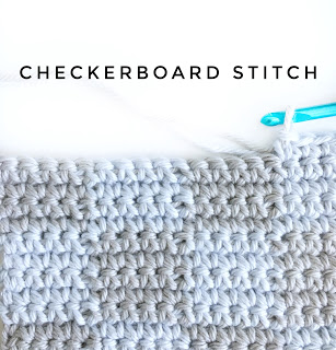 close up of blue and gray crochet checkerboard stitch pattern