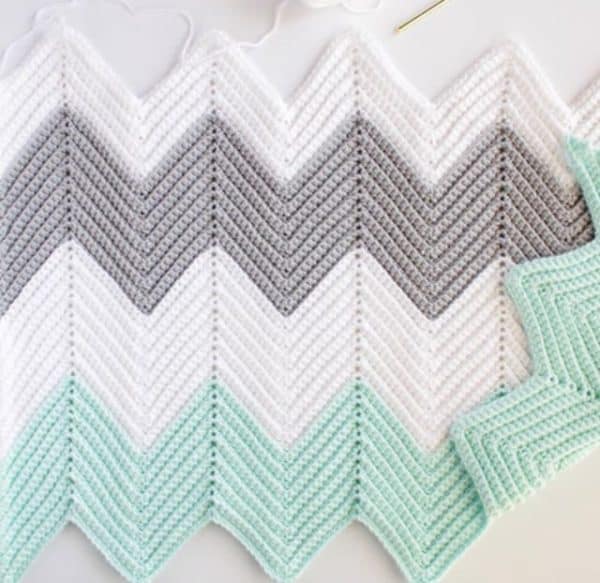 corrnrow chevron blanket in white mint and gray flat on white background