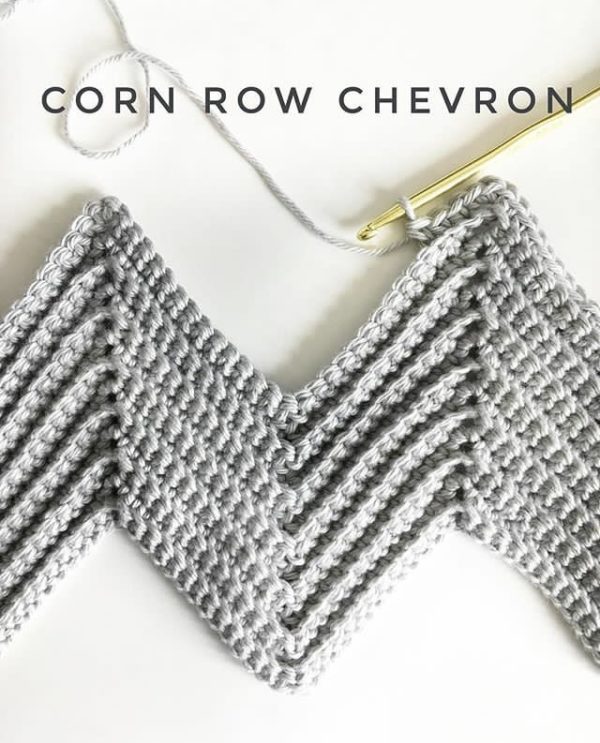 close up of Crochet Corn Row Chevron Stitch in progress with hook