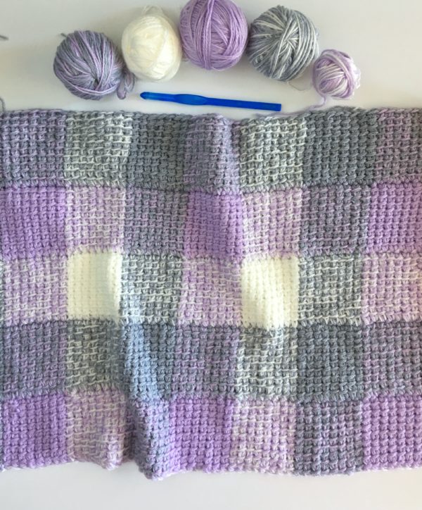 purple and gray shades crochet six color gingham blanket