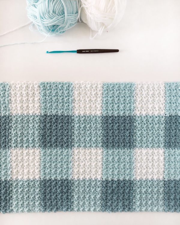 Crochet Teal Gingham Blanket in progress