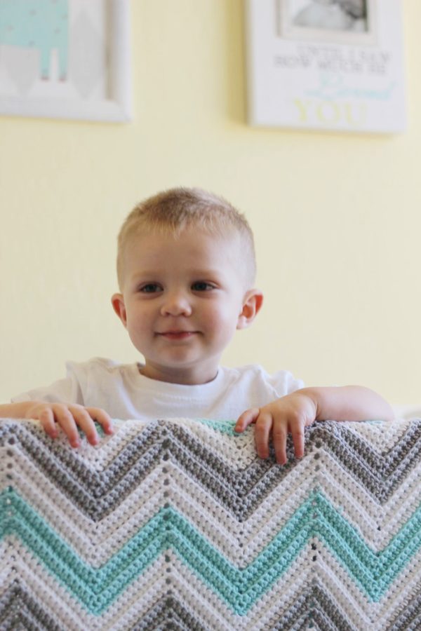Single Crochet Chevron Blanket in Mint, Gray, and White