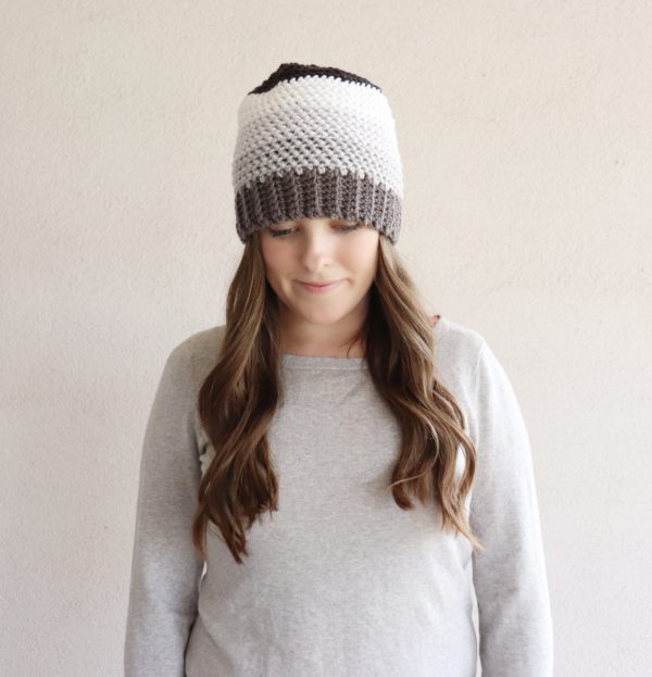 crochet hat in greyscale