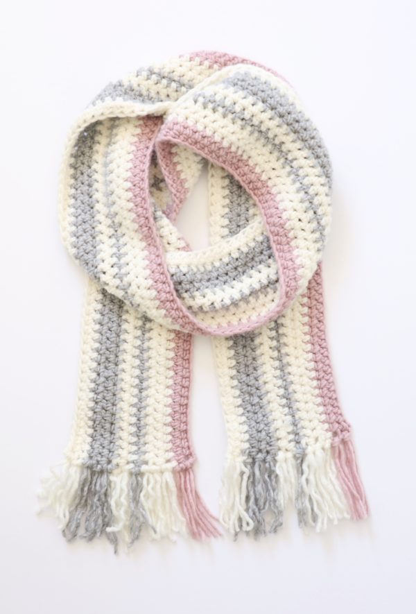 Crochet Pink and Gray Striped Scarf