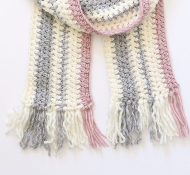 Crochet Pink and Gray Striped Scarf - Daisy Farm Crafts