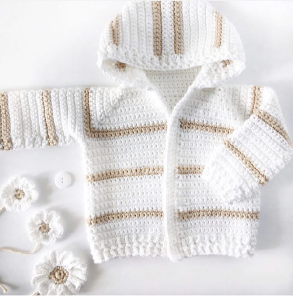 tan and white single crochet baby sweater