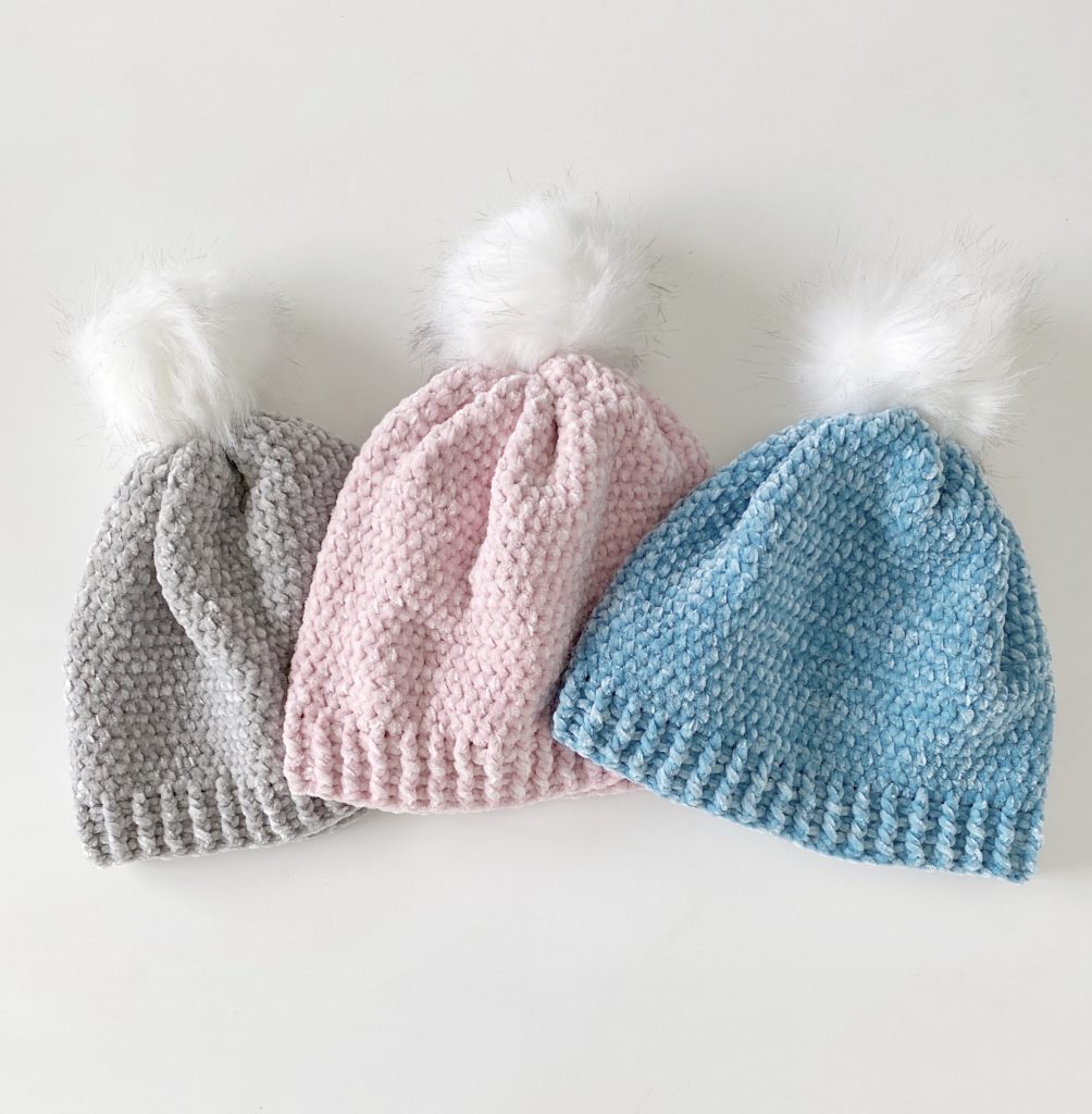 crochet velvet winter hats with fur pom poms
