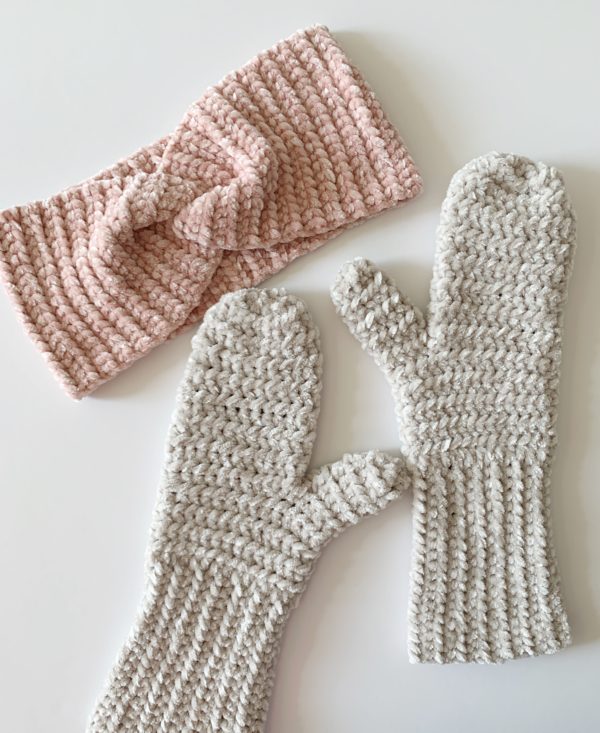 Crochet Velvet Mittens with headband