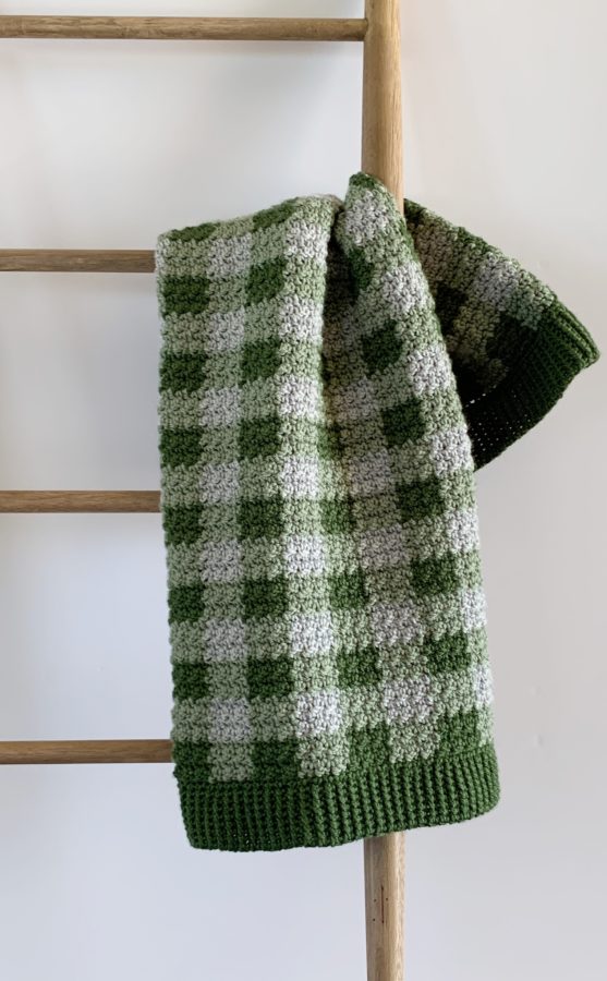 Crochet Green Gingham Blanket on ladder