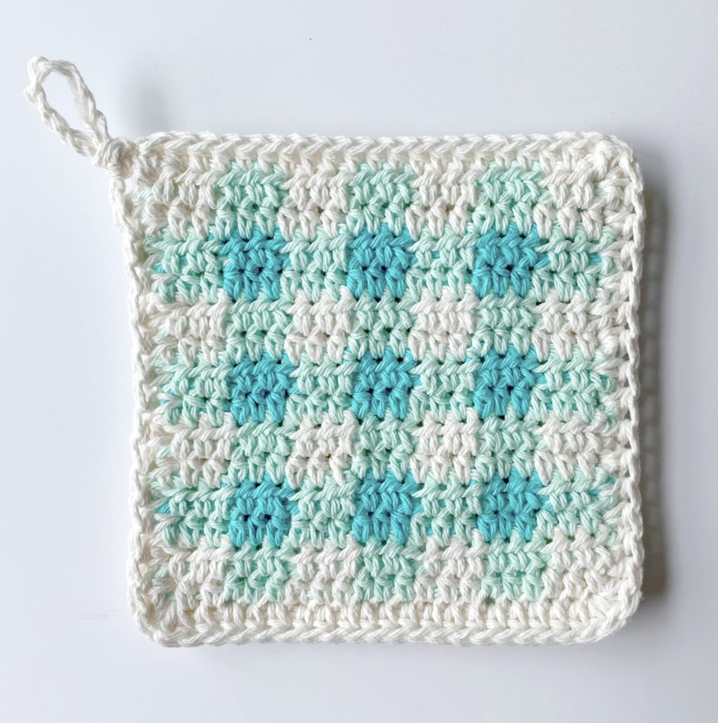 crochet teal shades gingham hot pad