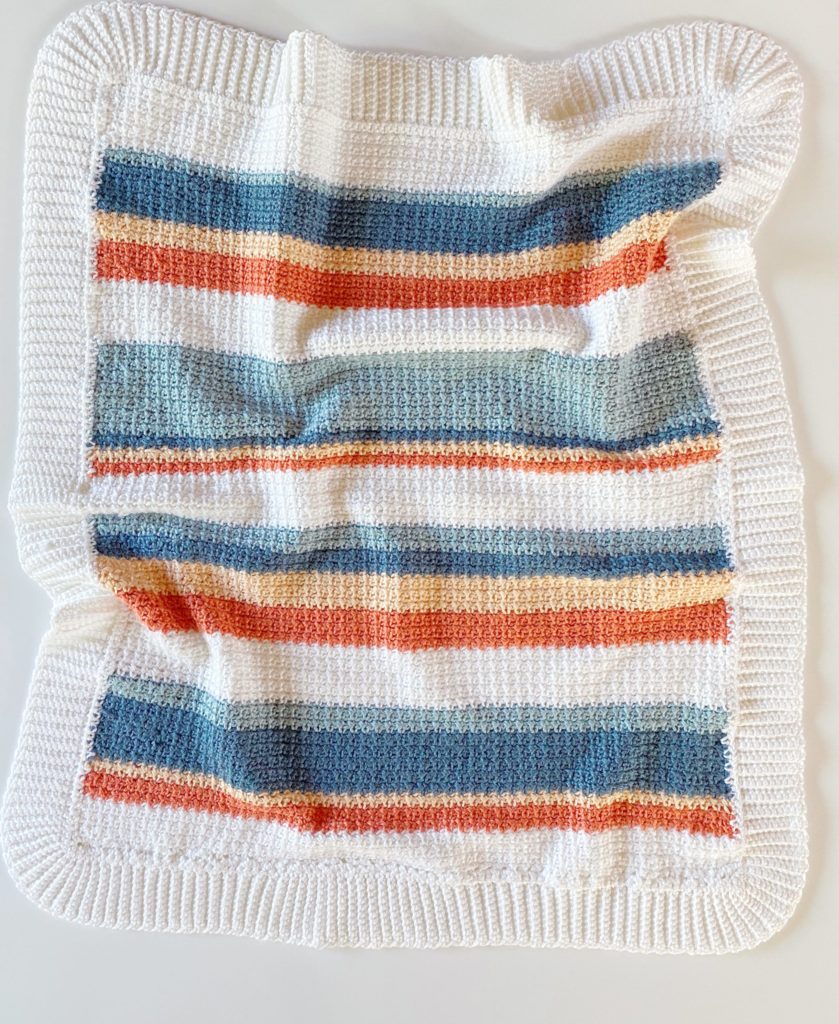 orange and blue shades striped crochet blanket