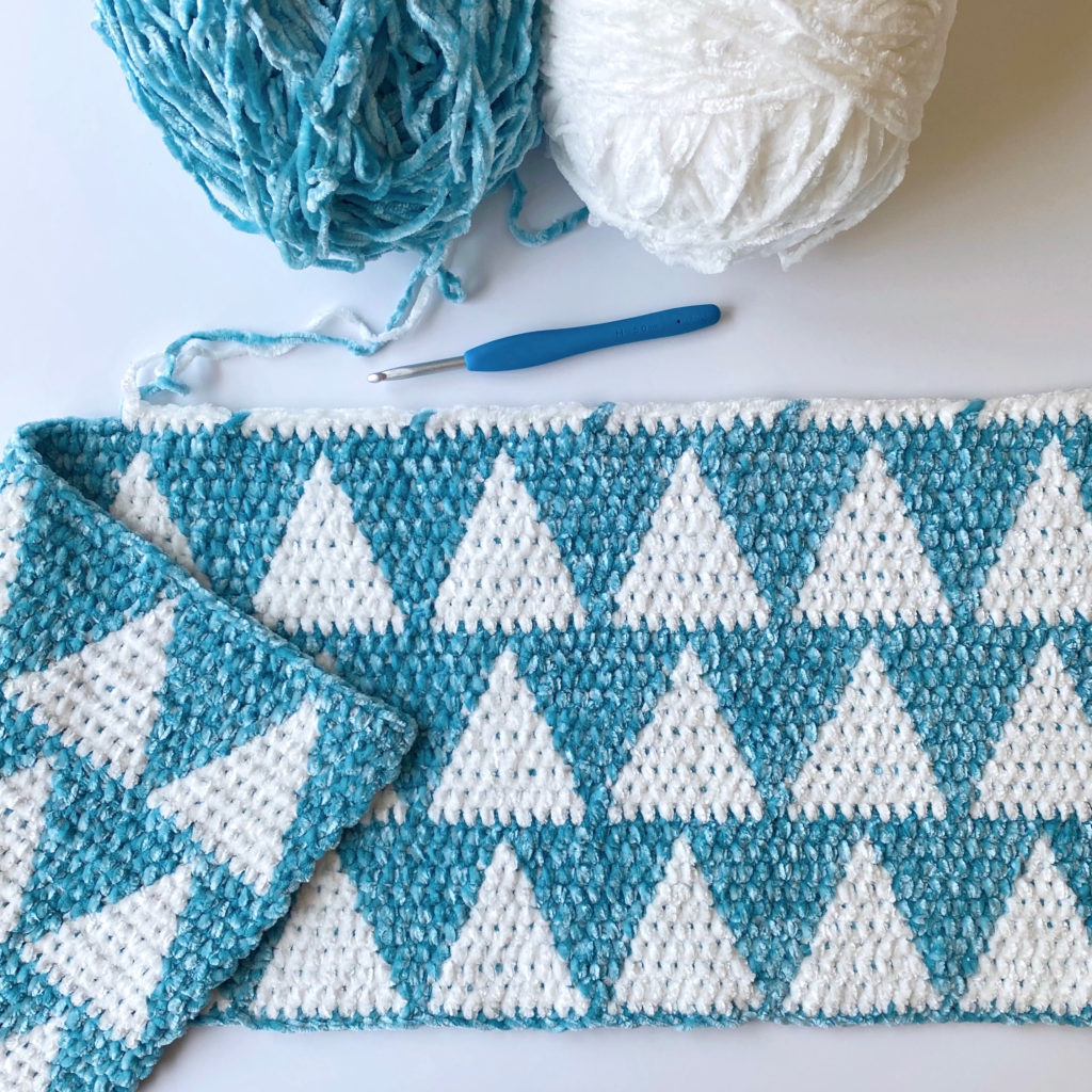 velvet stacked triangles crochet velvet blanket in progress