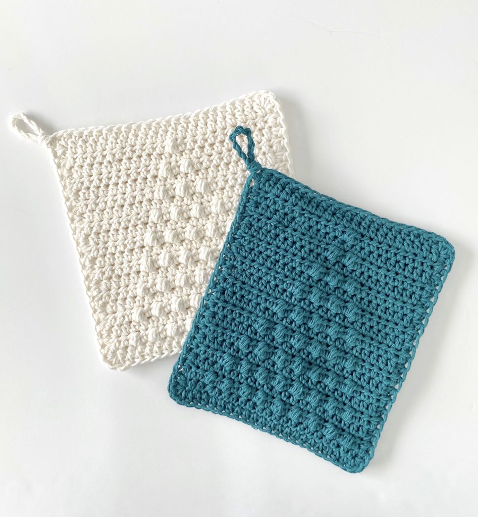 teal and white tree puffs hot pads