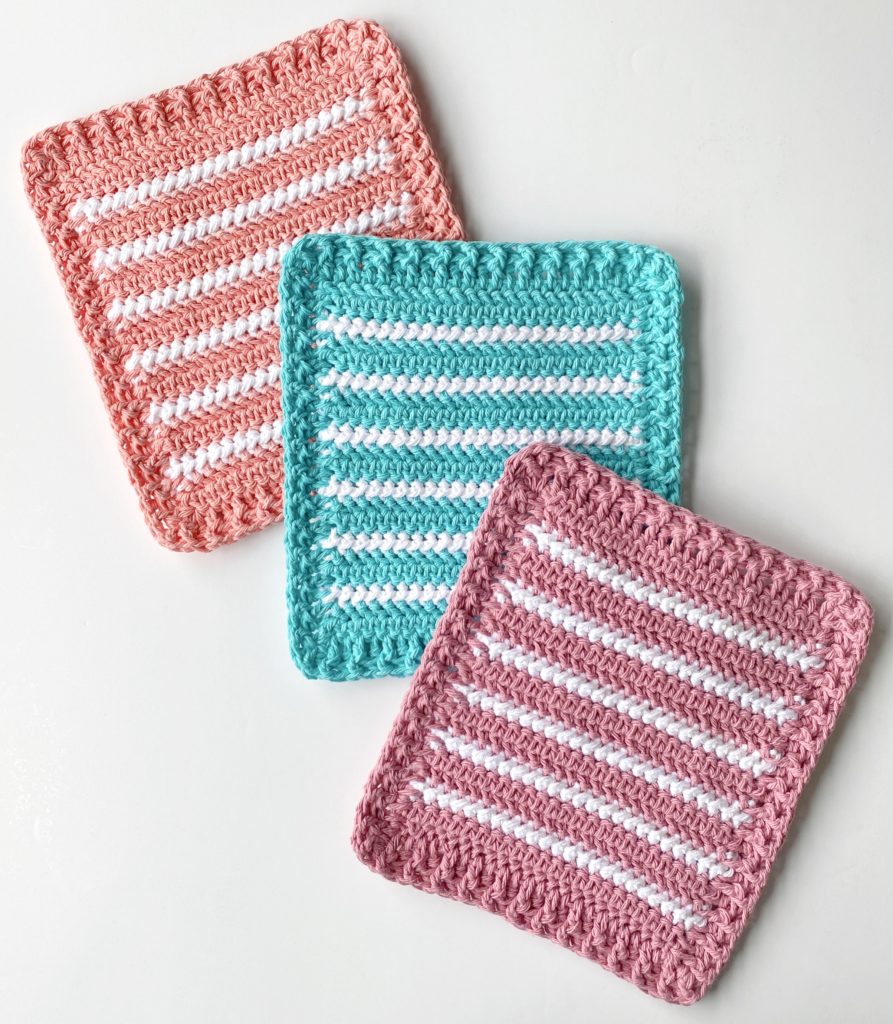 colorful crochet hot pads with white stripes