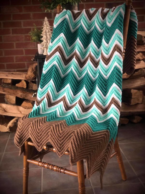 teal and brown crochet chevron blanket