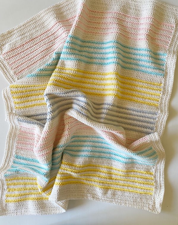 pink blue yellow striped crochet blanket