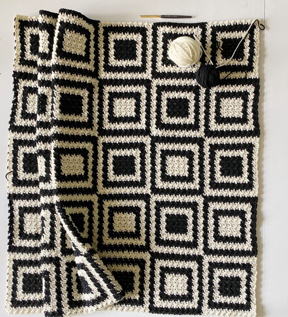 black and white squares crochet blanket