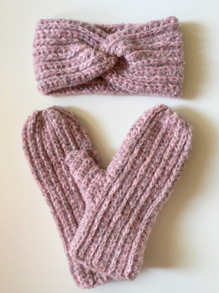 purple crochet mittens and headband