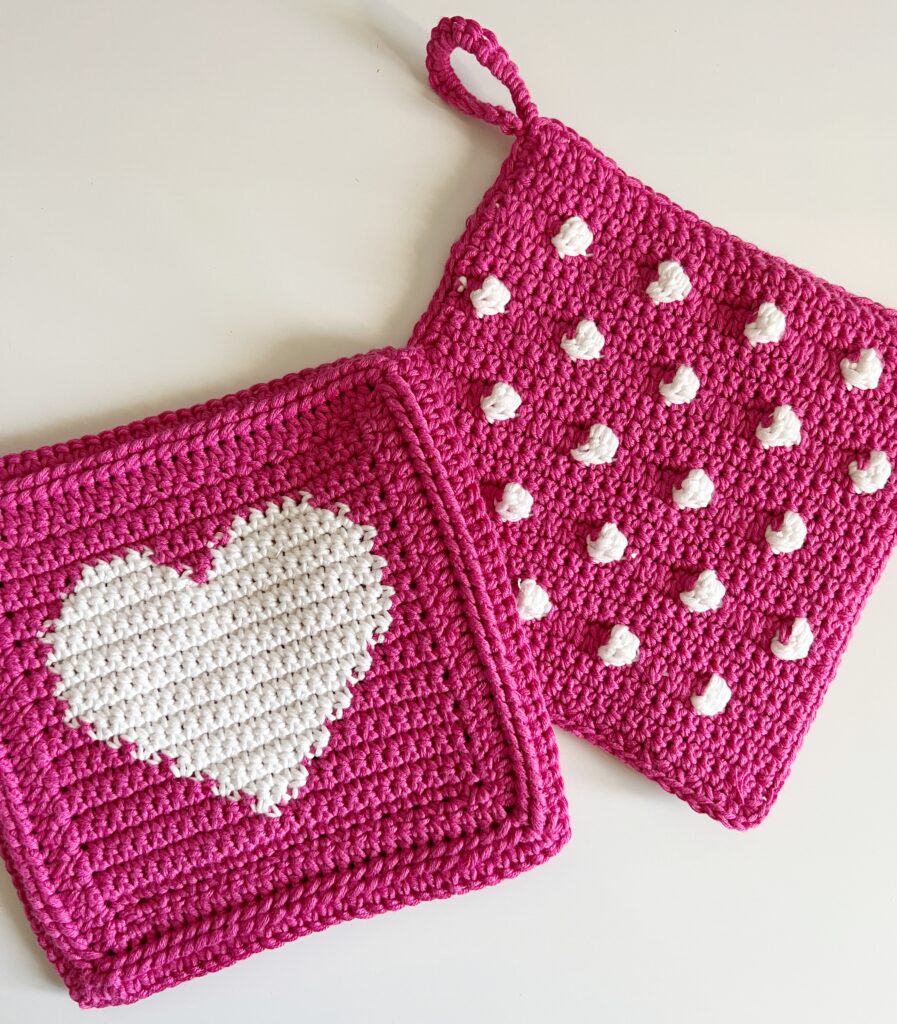 crochet pink heart hot pad and polka dot hot pad