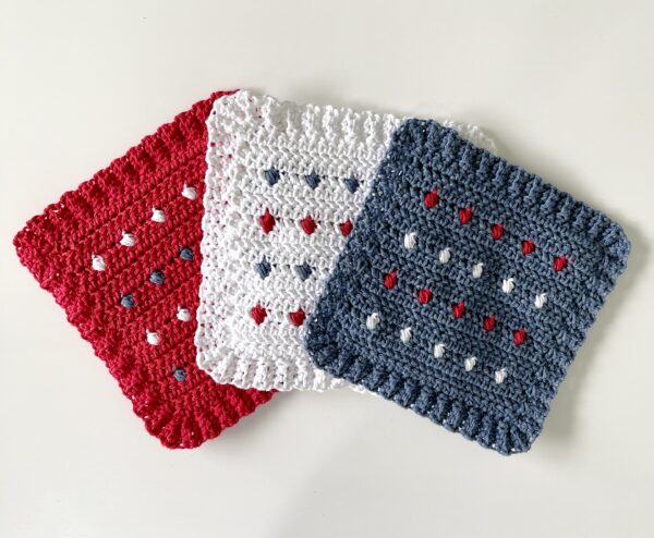 red white and blue polka dot hot pads