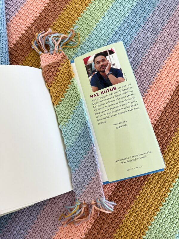 crochet bookmark on top of book