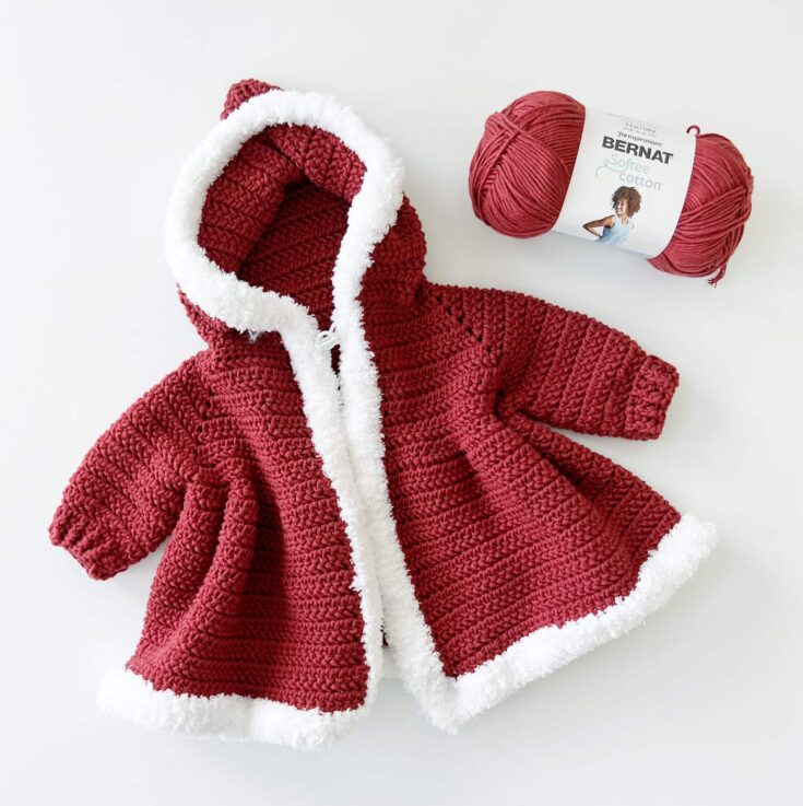 red crochet jacket hood and white trim