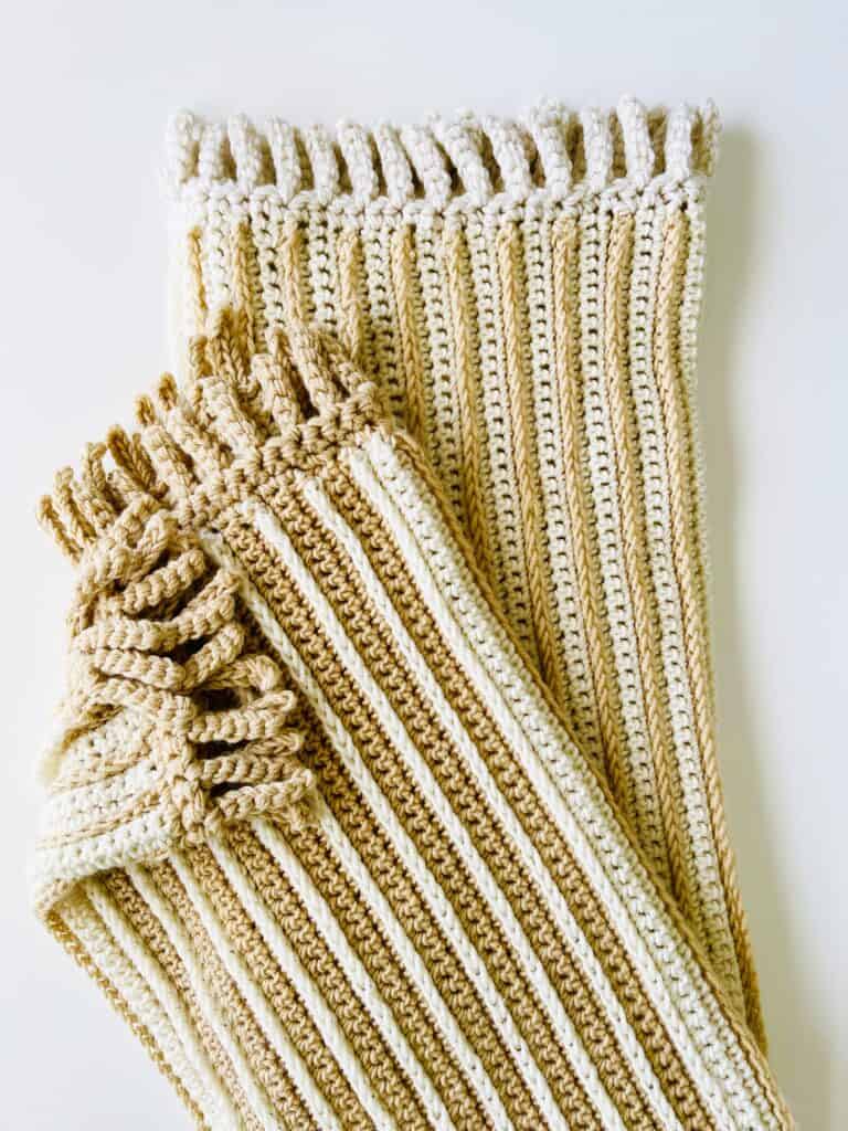 Yellow crochet blanket laying flat