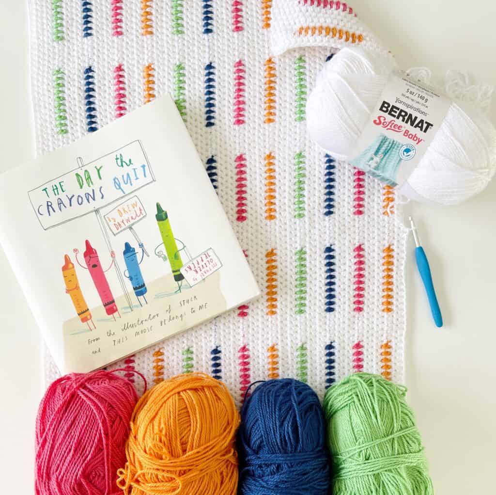 Crochet blanket, children's, yarn skeins, hook
