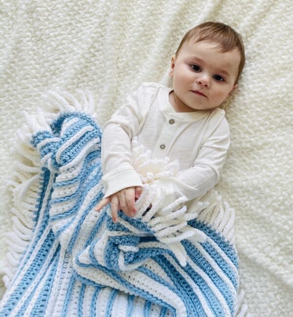 Baby James and a Crochet Blue and White Stripe Blanket - Daisy Farm Crafts