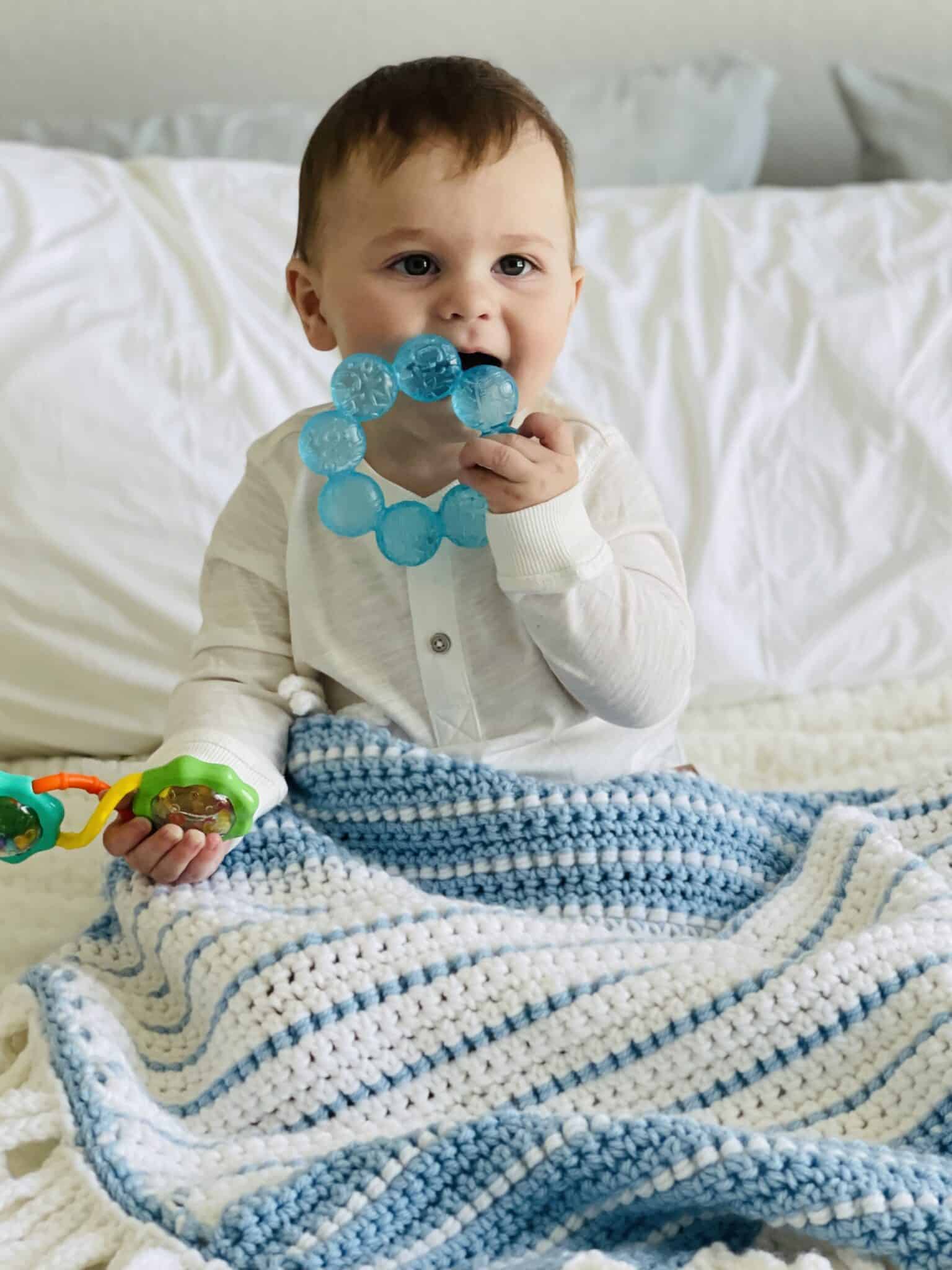 Baby James and a Crochet Blue and White Stripe Blanket Daisy Farm Crafts