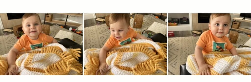baby with crochet blanket