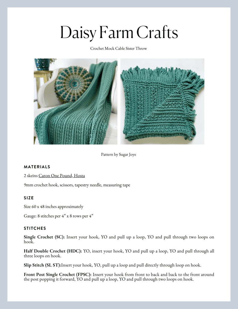 Crochet Mock Cable Sister Throw - Daisy Farm Crafts