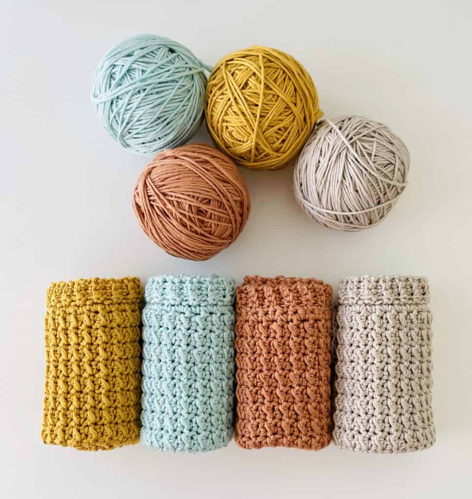 4 dishcloths with 4 skeins of yarn