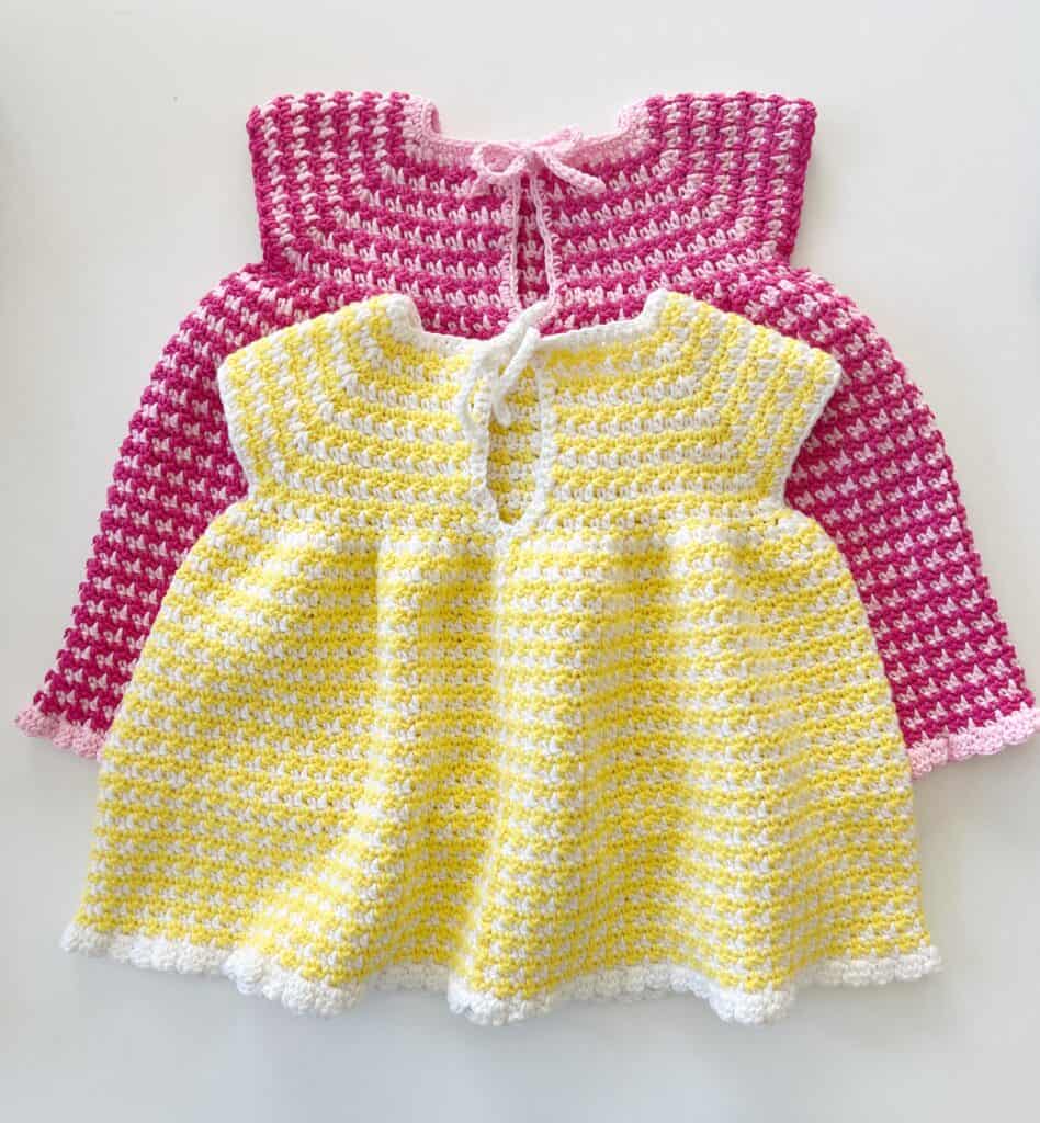 pink crochet dress and yellow crochet dress