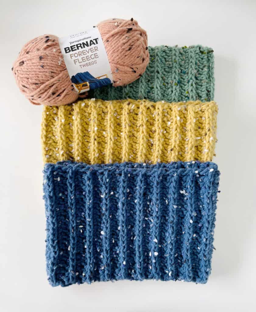 Crochet Cowls, green, yellow, blue. pink skein of yarn