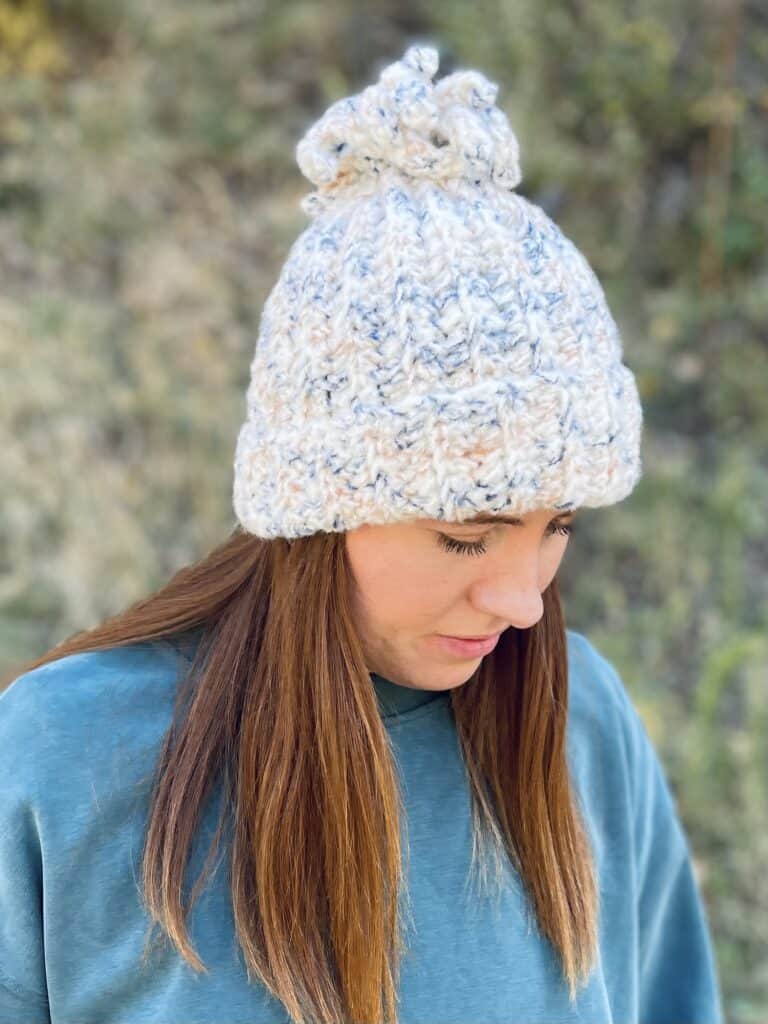 woman wearing crochet hat