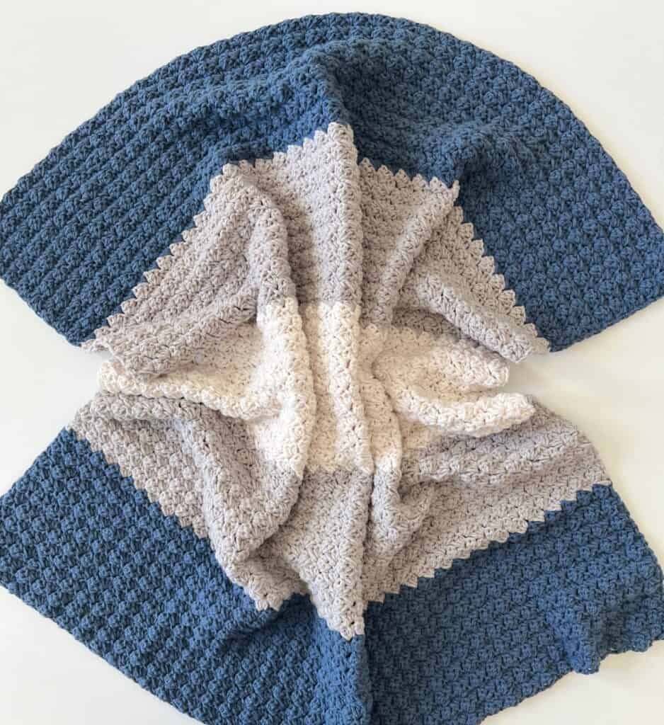 crochet blue, gray and white crochet blanket