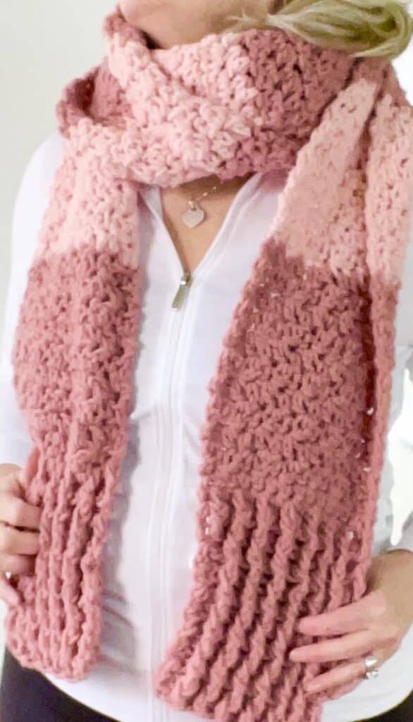 woman wearing crochet scarf