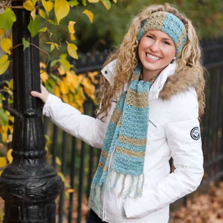 Image for Free Easy Red Heart Warm & Shine Scarf & Headband Crochet Pattern