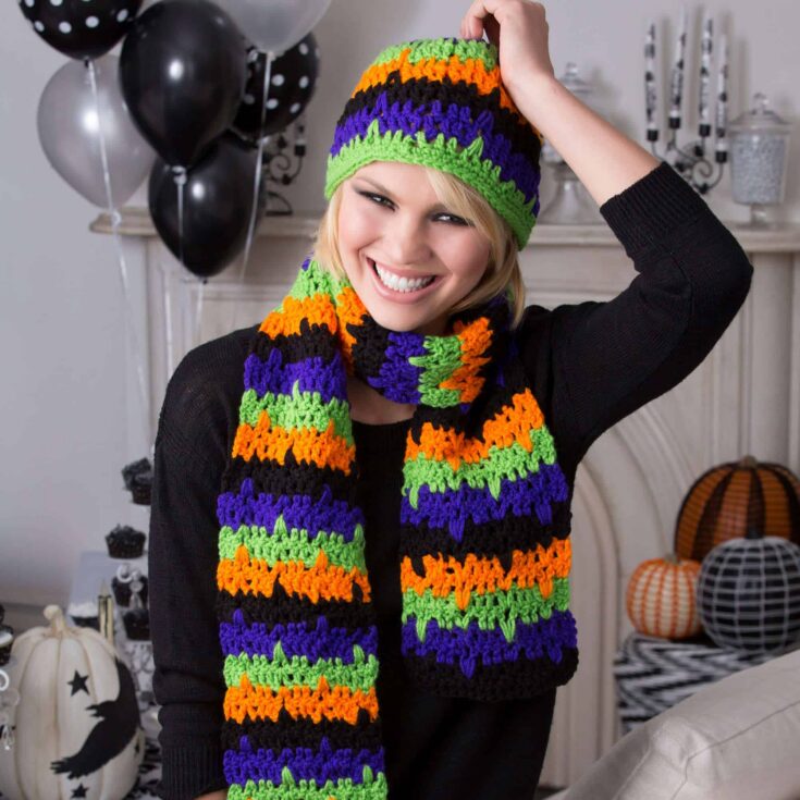 Image for Free Red Heart Jittery Stripes Hat & Scarf Crochet Pattern