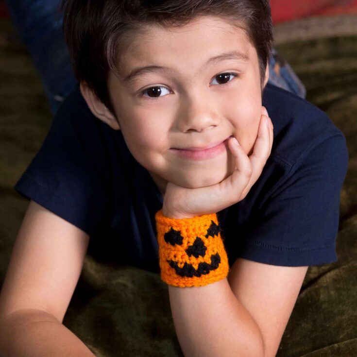 Image for Free Easy Red Heart Halloween Pumpkin Cuff Crochet Pattern