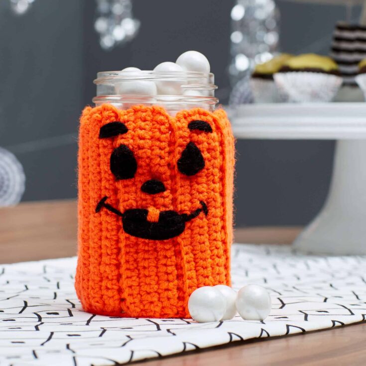 Image for Free Easy Red Heart Spooky Pumpkin Jar Cozy Crochet Pattern