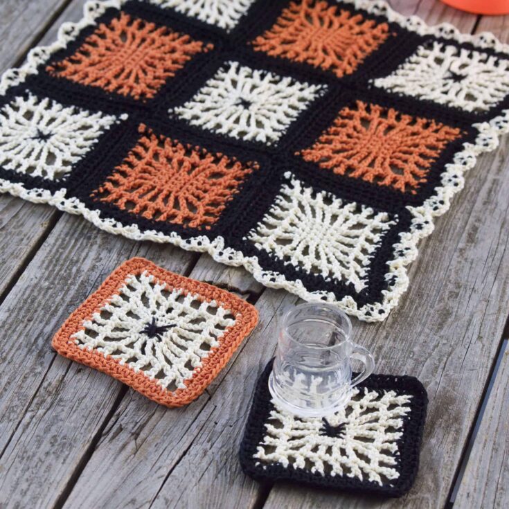 Image for Free Beginner Red Heart Spiderweb Coasters & Halloween Table Center Crochet Pattern