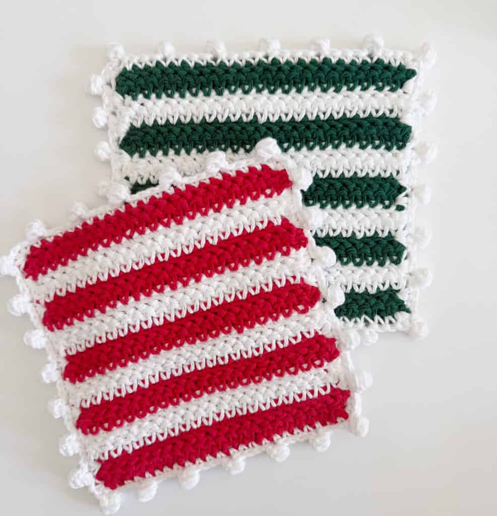 red and white striped hot pad, green and white hot pad