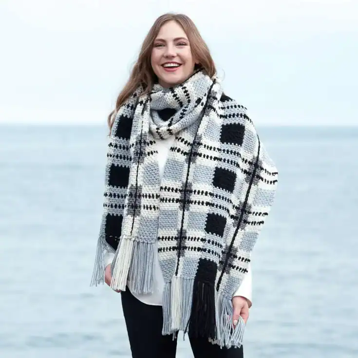 Image for Red Heart Gray Shades Tartan Crochet Scarf