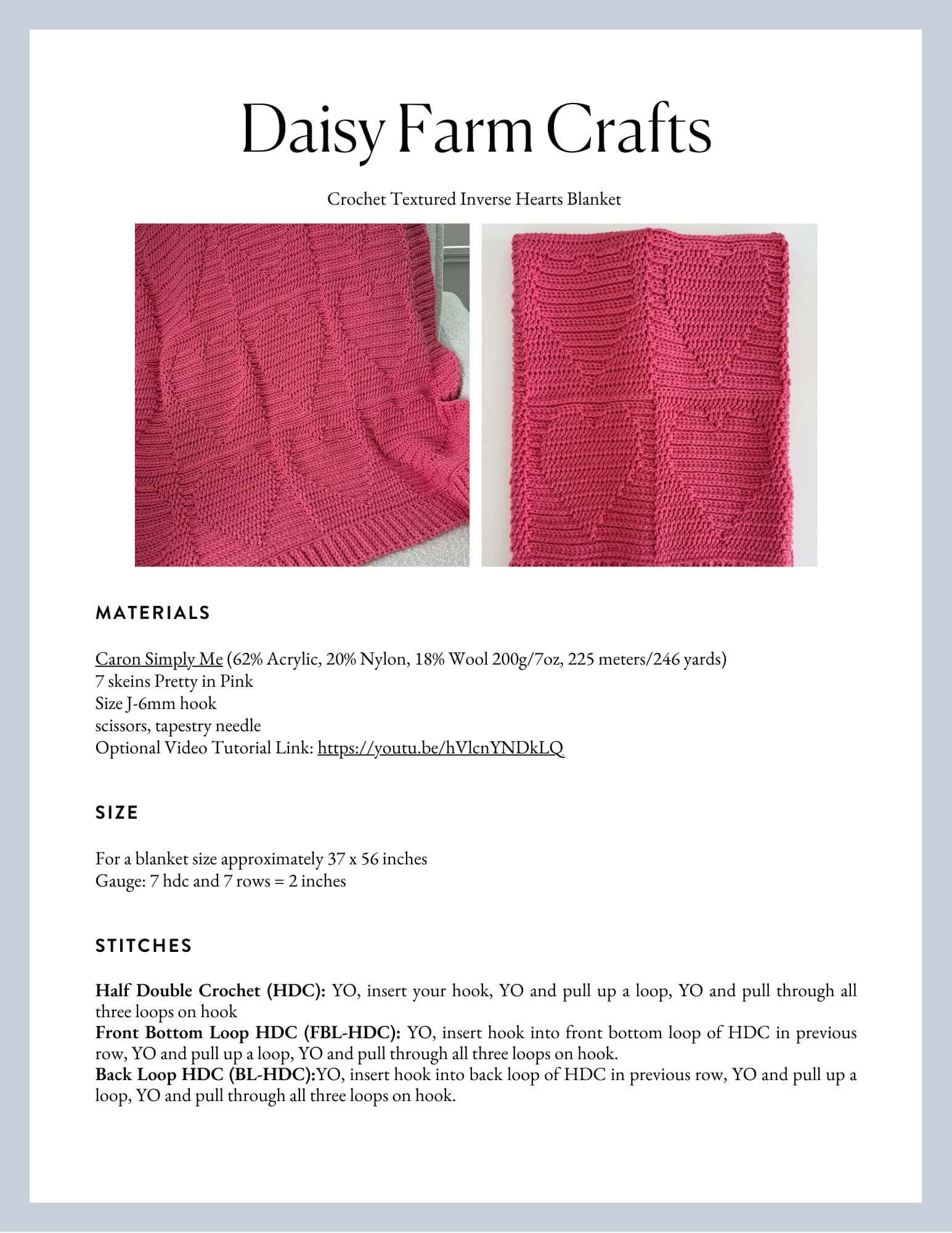 Crochet Textured Inverse Hearts Blanket - Daisy Farm Crafts